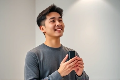 Young Korean man with modern perfume bottle, confident and stylish.