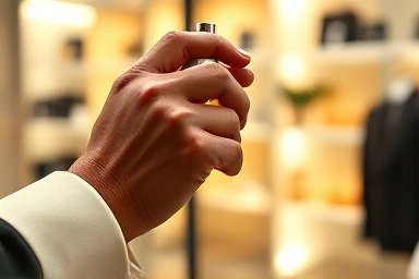 Close-up of hand spraying perfume mist on wrist.