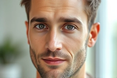 Man with smooth eye area, confident gaze, modern skincare.