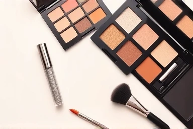 Beauty makeup flat lay with glitter stick and palettes