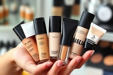 Diverse makeup foundations arranged artistically in a hand.