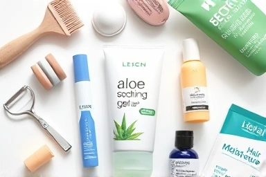 Versatile aloe soothing gel with beauty routine items