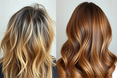Before and after ash brown hair transformation, healthy vs damaged.