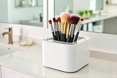 Automatic makeup brush cleaner in a modern bathroom setting.