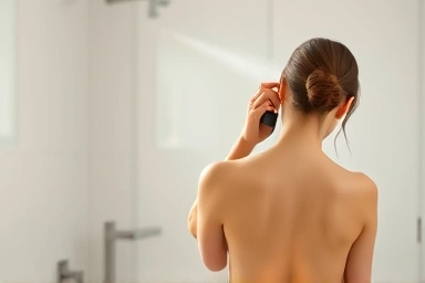 Person applying body mist for back and chest acne relief.