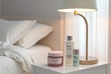 Serene bedroom nightstand with sleeping pack and skincare.