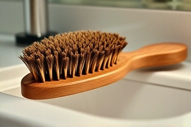 Luxurious boar bristle hairbrush on a vanity.