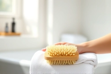 Natural bristle body brush on a towel with soft sunlight.