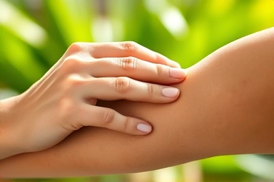 Applying light lotion to skin, natural and caring.