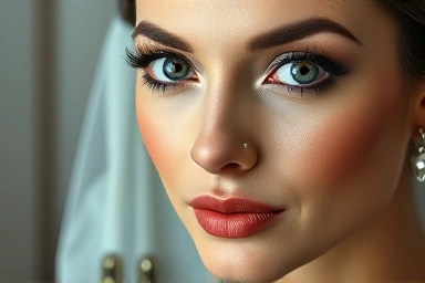 Close-up of elegant bridal makeup, highlighting eyes and lips.