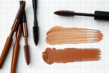 Various brown mascara wands and color swatches.