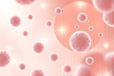 Abstract skin cell illustration with glowing particles.