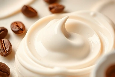 Cosmetic cream textures and scientific ingredient symbols.