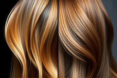 Before and after of hair color correction with color shampoo.