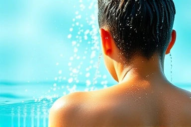 Refreshing summer shower with cool water droplets