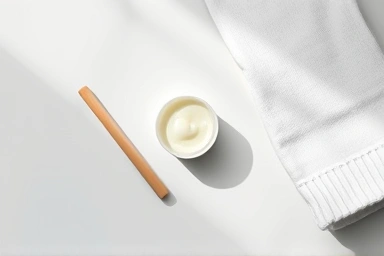 Minimalist skincare flat lay with cooling stick and soothing gel.