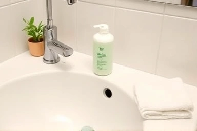 Calm bathroom sink with shampoo and towel