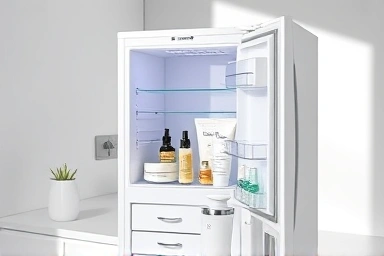 Modern cosmetic refrigerator with skincare products on a vanity.