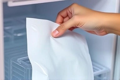 Hand selecting a cool sheet mask from a cosmetic fridge.