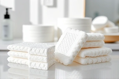 Artfully arranged cotton pads and toner on a vanity.
