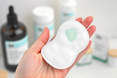Hand demonstrating cotton pad absorbency for skincare.
