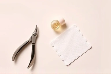Minimalist flat lay of cuticle nipper and beauty tools.