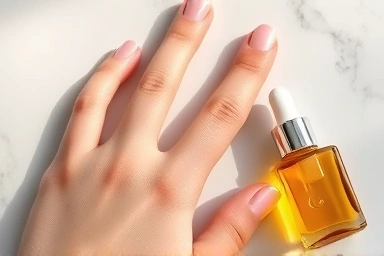 Healthy hand with cuticle oil, showcasing nail care.