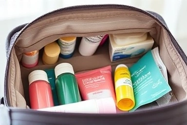 Organized travel bag with small cosmetic containers.