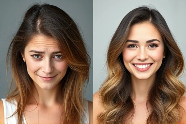 Before and after hair repair: damaged to healthy hair.