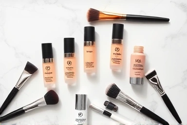 Luxury foundation samples with makeup tools on marble.