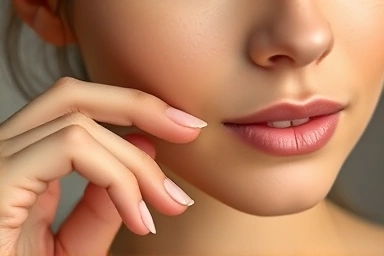 Close-up of flawless skin and foundation sample.