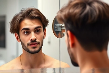 Man with perfect down-perm hairstyle in modern bathroom.