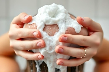 Gentle shampoo lather on scalp, emphasizing care and cleansing.
