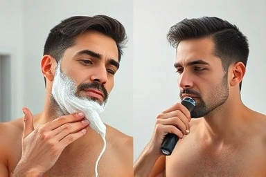 Electric shaver wet vs dry comparison with foam and dry use.