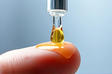 Close-up of a rich ampoule drop falling from a dropper.