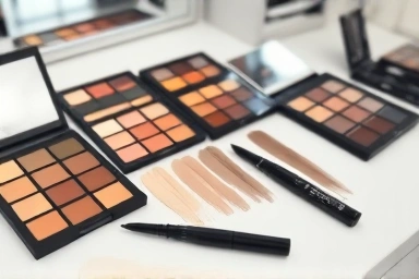 Eyebrow mascara color swatches and makeup palettes.