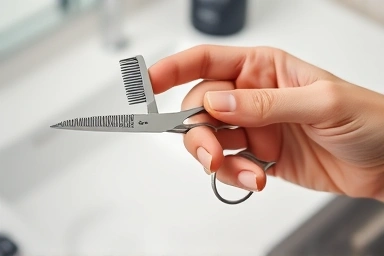 Eyebrow trimming scissor with comb, precision grooming tool, beauty accessory.