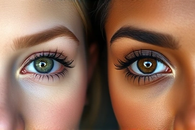 Beautifully curled eyelashes on diverse women's eyes.