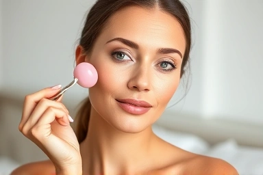 Woman using rose quartz face roller for glowing skin