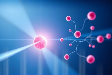 Abstract light beams, stylized blood vessels, targeted treatment