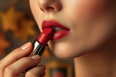 Woman applying brick-red lipstick, warm muted complexion, autumn tones