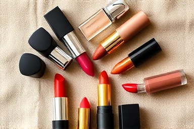 Lipstick collection, muted rose terracotta nude beige shades, luxury beauty