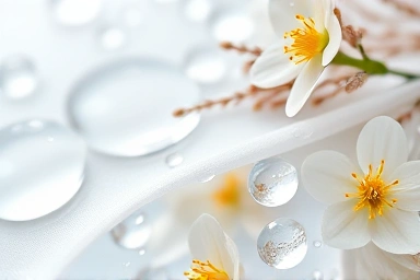 Gentle botanical elements and water droplets symbolizing natural care.