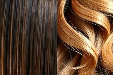 Close-up of hair texture difference: straight and wavy
