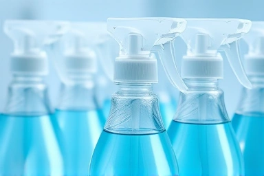Clean laboratory with foot odor spray bottles and abstract freshness elements.