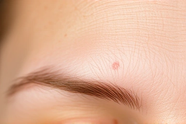 Forehead with subtle acne bumps, gentle lighting, healthy skin texture.