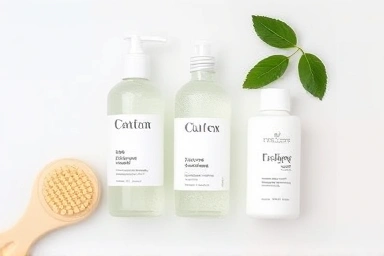Skincare products for acne: cleanser, toner, moisturizer, brush.