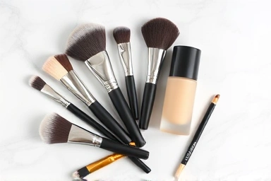 Makeup brushes, foundation, beauty tools, artistic arrangement