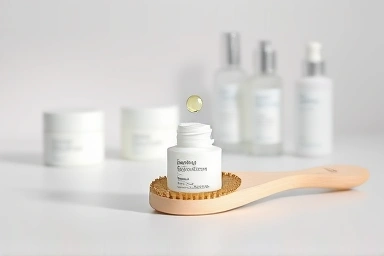 Minimalist arrangement of skincare products, emphasizing luminous liquid.