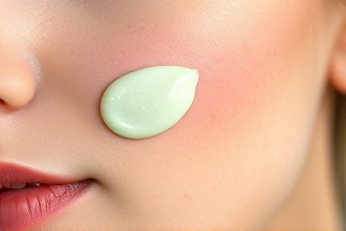 Green base cream neutralizing redness on cheek for even skin tone.